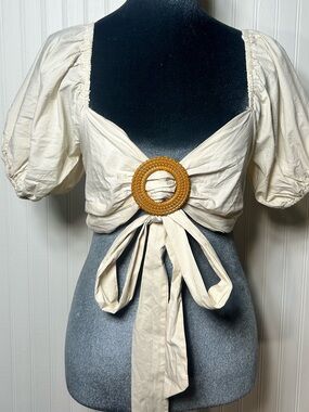 Cream Puff Sleeve Tie-Front Crop Top with Woven Buckle